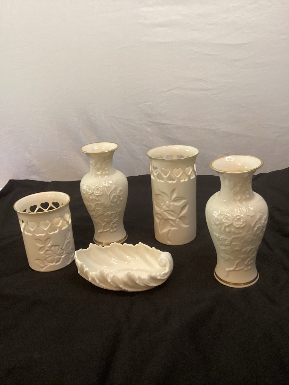 Lenox Ivory/Gold Vases and Trinket Holder With Floral Designs, Heart Cut Outs